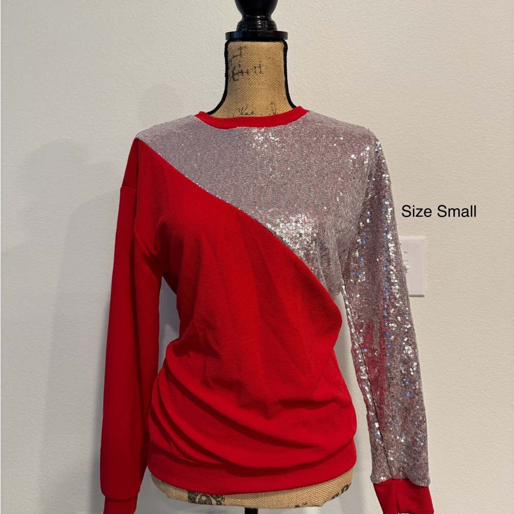 SHEIN Red and Silver Sequin Women's Top
